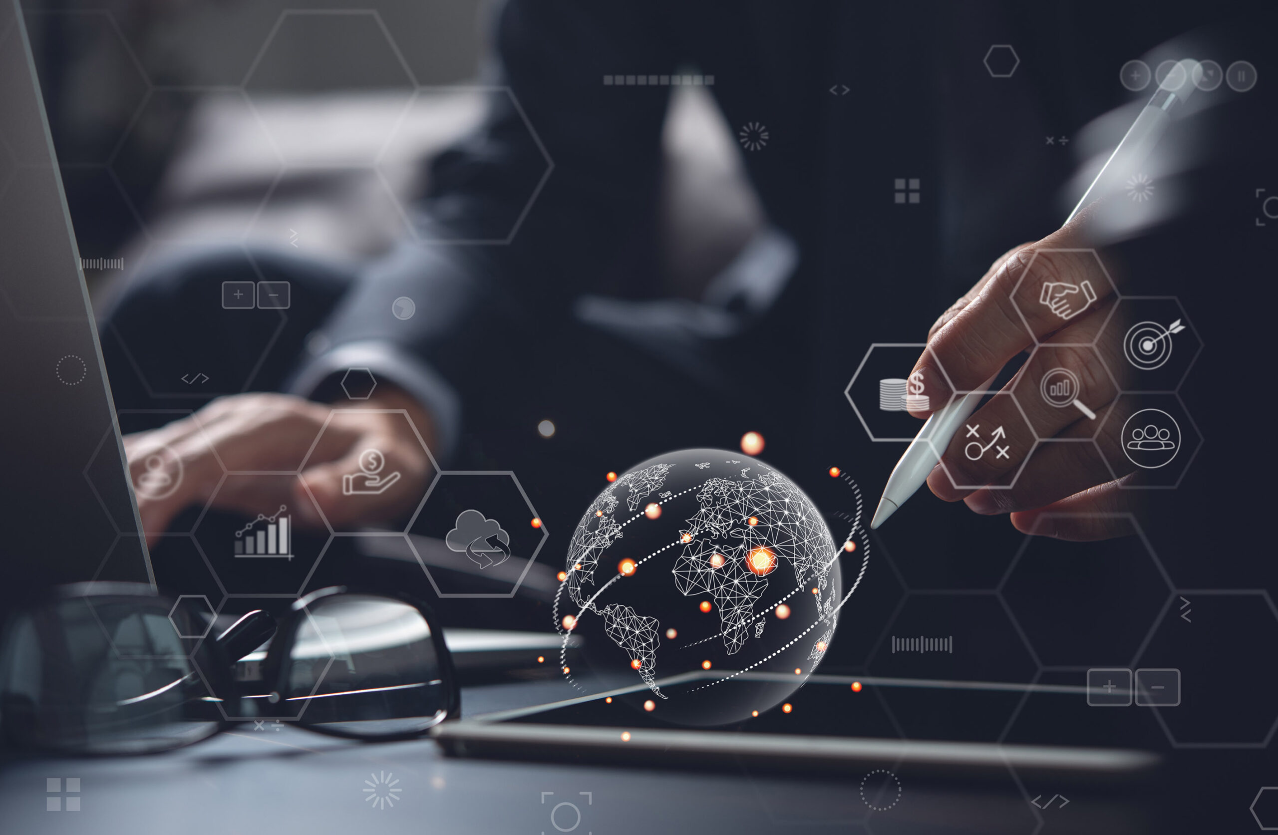 Businessman working on digital tablet computer. Business global قیمت جهانی لاستیک